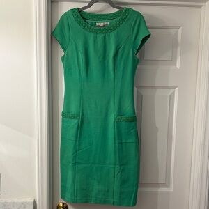 Boden Green Cap-Sleeve Midi Dress with Crochet Trim